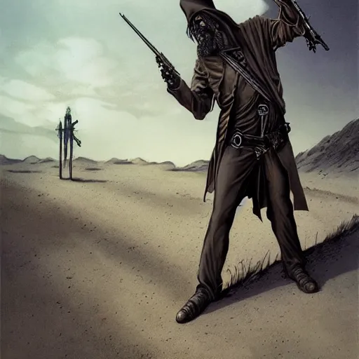 Prompt: a catholic priest with pale skin and black beard, revolver at side, crucifix around neck, similar to roland deschain, shadowy, in middle of desert, art by michael whelan, horror art, science fantasy, highly detailed, hq, trending on artstation, gritty