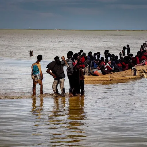 Prompt: climate change migrant crisis by Paul Romano