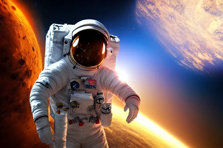 Image similar to astronaut in space wearing a spacesuit floating, earth explosion in background, highly detailed, photorealistic portrait, bright studio setting, studio lighting, crisp quality and light reflections, unreal engine 5 quality render