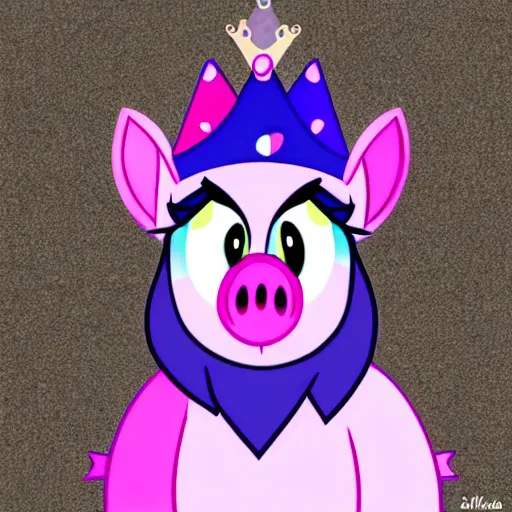 Prompt: walking pig wearing a crown in the style of my little pony cartoon