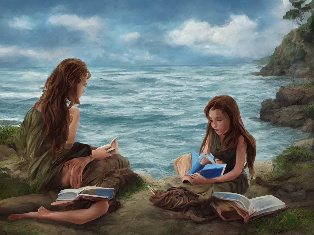 Prompt: a girl reading a book by the sea with Grogu by her side, in the style of Greg Rutkowsky, digital art, very detailed, high definition