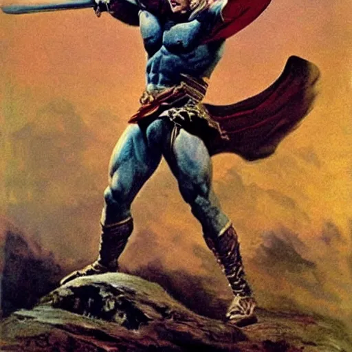 Prompt: Joe Biden as a warrior in a frazetta painting.