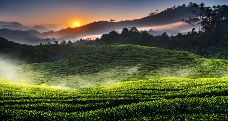 Image similar to Photo of tea plantation of Cameron Highlands with rolling mountain at the background, wide angle, volumetric light, fog, mist, morning, hyperdetailed, light water, artstation, cgsociety, 8k