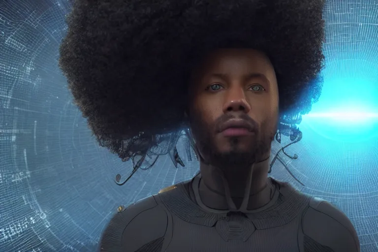 Image similar to a black man with long curly hair standing in front of a black hole horizon, time collapsing. neofuturistic highly detailed, digital concept art, Dimensional cyan gold natural light, sharp focus, Golden Ratio illustration, realistic concept art by Stephen Hickman and James Gurney and Hiromasa Ogura Ghost in the Shell rendered in Octane Render, From the distance