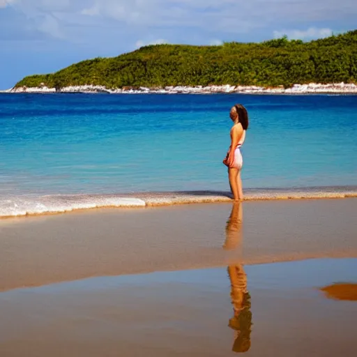 Prompt: a woman stands in the water at a beach in bermuda, sunny day, highly detailed, intricate, award winning,