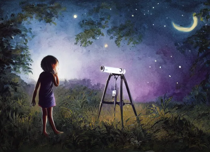 Image similar to a young caribbean girl on the front lawn using a telescope looking up at the stars, night time, forest in the distant background by greg rutkowski,