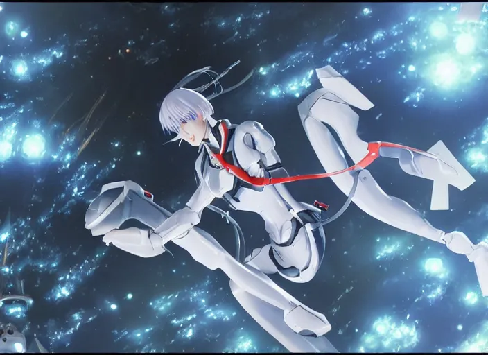 Image similar to This is a digital art piece by Yoshiyuki Sadamoto that is trending on artstation. It is a 8K UHD image of Rei Ayanami, a female anime character, inside a space station with technological rings. She is shot from the ground by Yoshiyuki Sadamoto. The environment is a concept design and the art is hyper realistic with intricate details.