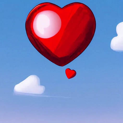 Prompt: two red paper hearts in a clear glass spherical bubble. blue sky with clouds background. illustration, artstation, realistic, beautiful, dreamlike