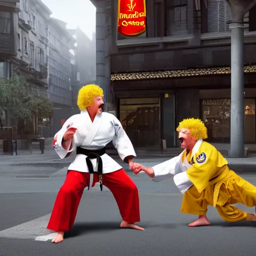 Image similar to ronald macdonald fights, colonel sanders, hyper real, 8 k, octane render, vivid, bright, photo realistic, martial arts, city street