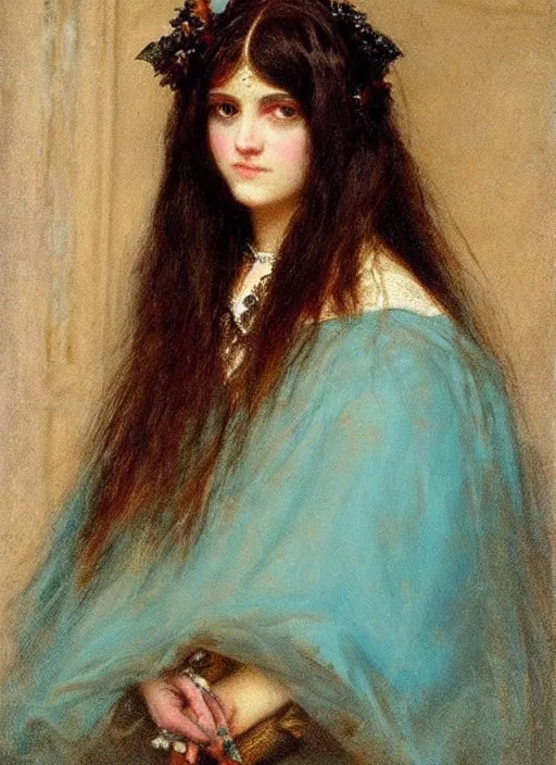 Prompt: ( ( gothic # ) ) princess portrait *. *. by william henry hunt * *, highly detailded, turquoise rust