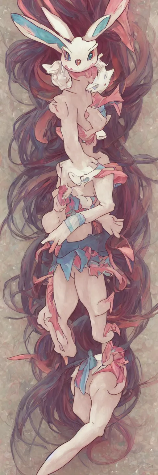 Image similar to Sylveon pokemon Gajinka as a small human girl , highly detailed, digital pencil painting, anime, cartoonish, hybrid human / anthro, monster girl, sharp focus, illustration, art by artgerm and greg rutkowski and alphonse mucha