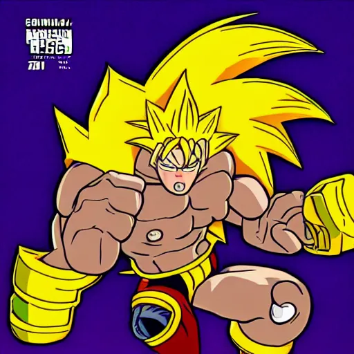 Image similar to videogame cover art of a yellow super sayan gorilla collecting purple golden rings, like sonic the hedgehog