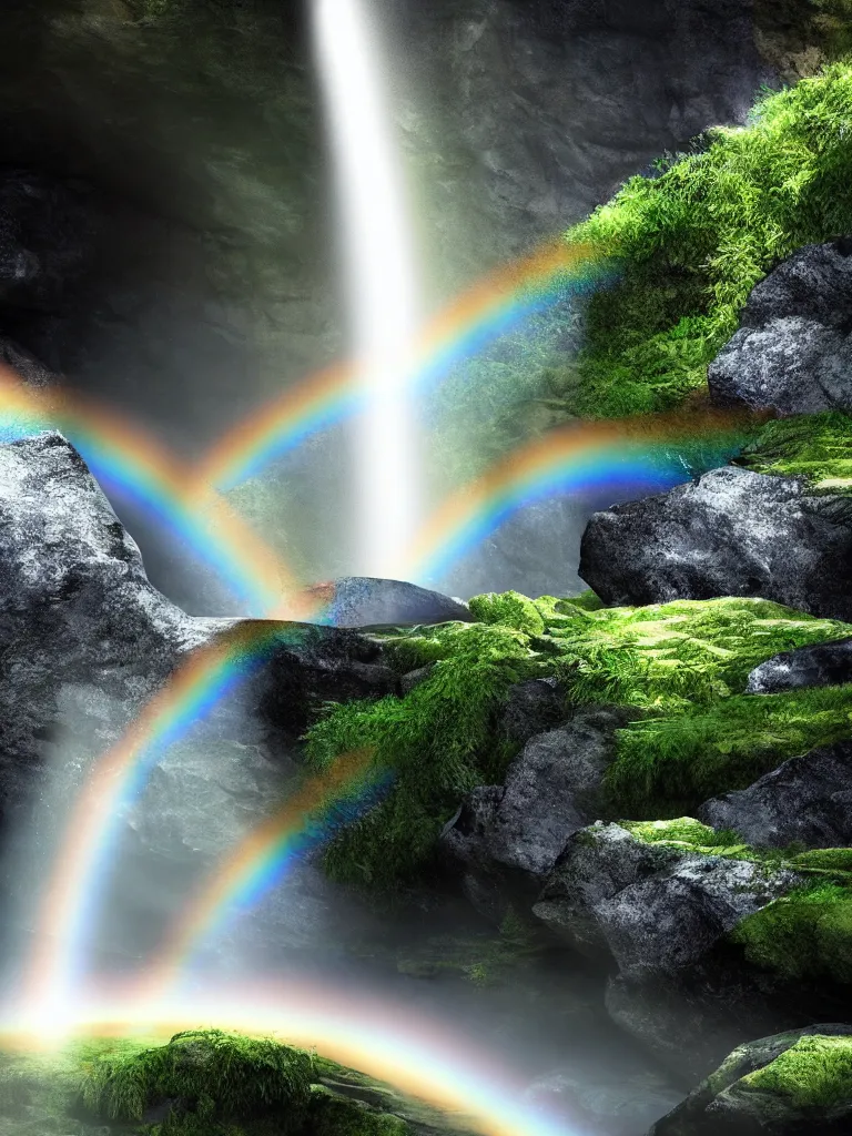 Image similar to concept art of waterfall cascading onto rocks, small rainbow emerging in background, ethereal, beautiful scenery, intricately meticulously detailed, amazing, glitter, 8 k render octane high definition