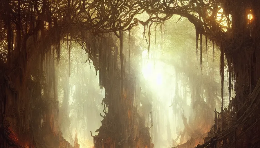 Prompt: a beautiful intricate painting of a gateway to hell in a dark evil fantasy forest, reflections, very high details by william turner art, greg rutkowski and alphonse mucha, trending on artstation, very very detailed, masterpiece,