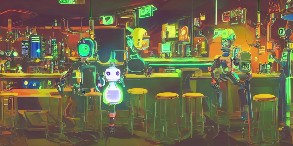 Prompt: a cute robot in a cyberpunk bar by chiho aoshima