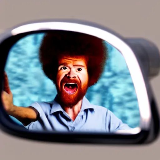 Image similar to a tiny screaming angry bob ross running your in rear view mirror