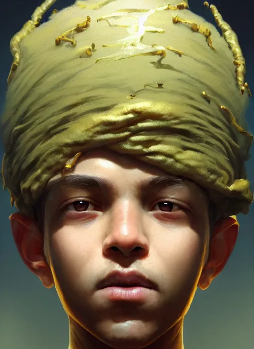 Image similar to a portrait of a golden sage child with an enormously large head, an ancient pale sage child with a third eye, highly detailed, digital painting, artstation, concept art, intricate, elegant, smooth, sharp focus, art by wlop, mars ravelo and greg rutkowski and craig mullins