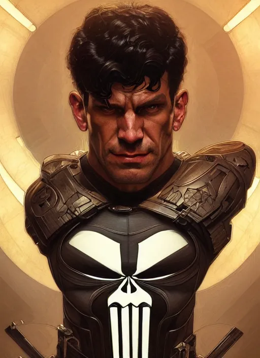 Prompt: Symmetry!! portrait of The Punisher, D&D, muscular, fantasy, intricate, elegant, highly detailed, digital painting, artstation, concept art, smooth, sharp focus, illustration, art by artgerm and greg rutkowski and alphonse mucha