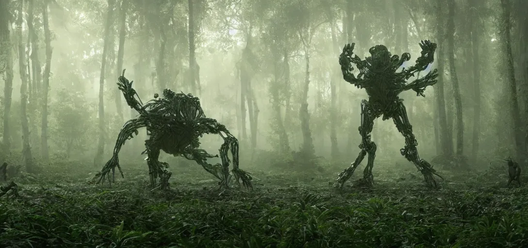 Image similar to a complex organic fractal 3 d metallic symbiotic ceramic humanoid megastructure creature in a swampy lush forest, foggy, sun rays, cinematic shot, photo still from movie by denis villeneuve, wayne barlowe