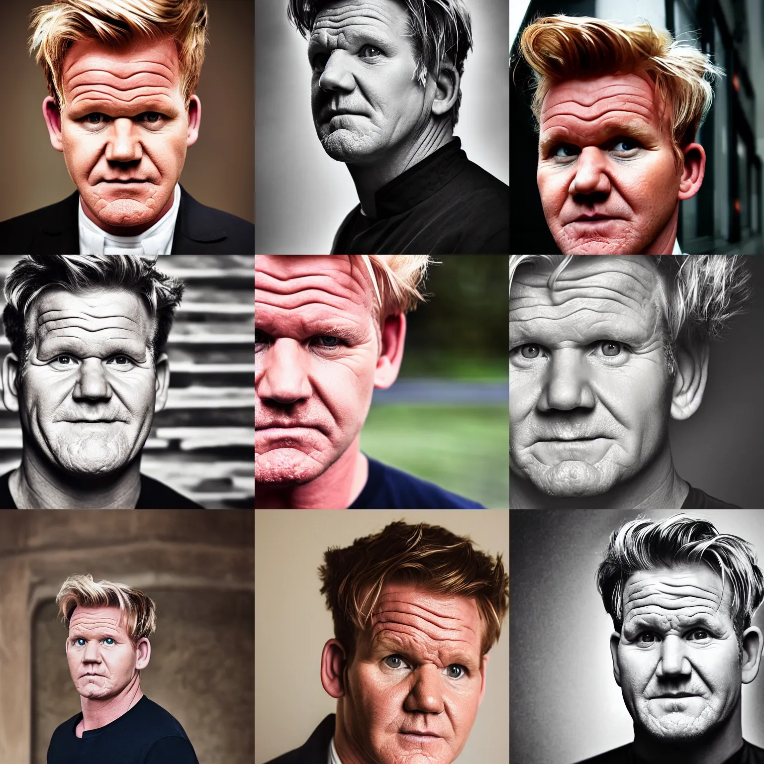 Prompt: portrait photograph, the face of Andy series, the hair of Gordon Ramsay, depth of field, bokeh