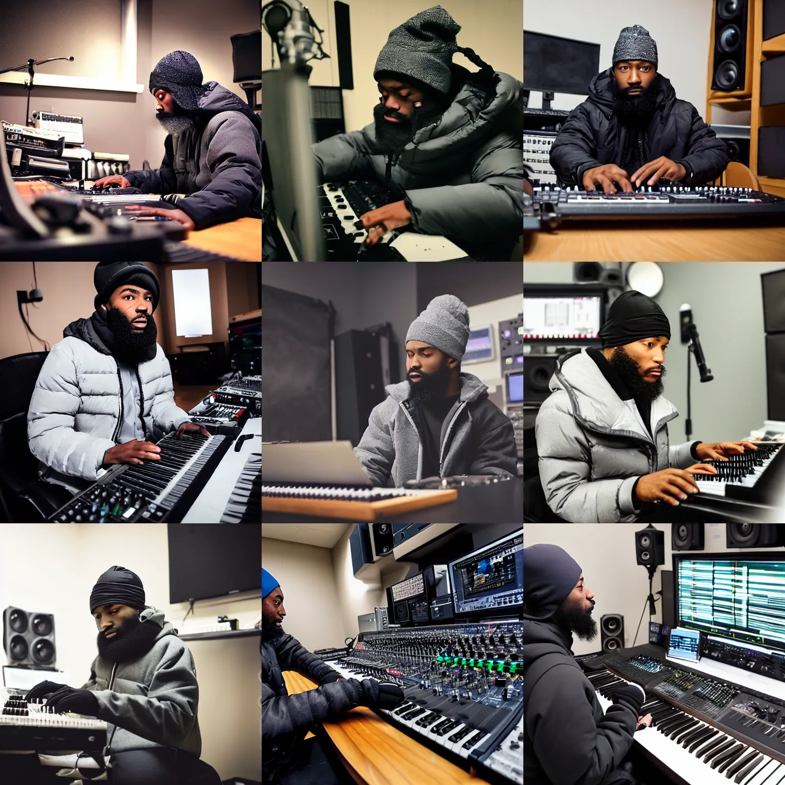 Prompt: a young black urban male with a full beard, wearing a gray du rag and a black winter puffer down coat, playing an mpc while sitting in a chair in a music studio, epic composition, cinematic lighting, by cutiicosmo and liquidcoco 李 奎 德, award - winning, masterpiece,