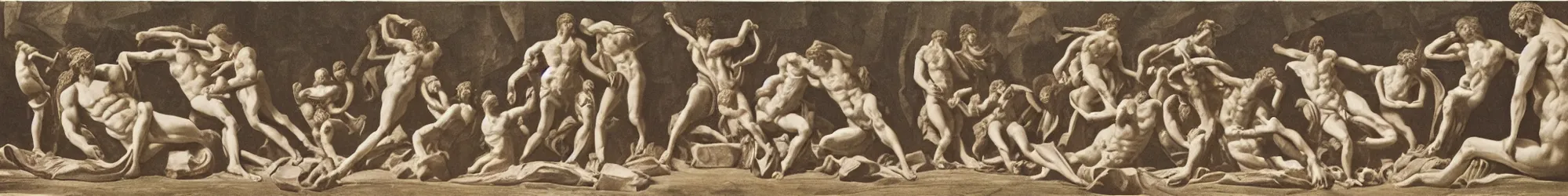 Prompt: long line-up of laocoon and his sons struggling with serpents, intertwined full body view, colorized postcard photography, white background