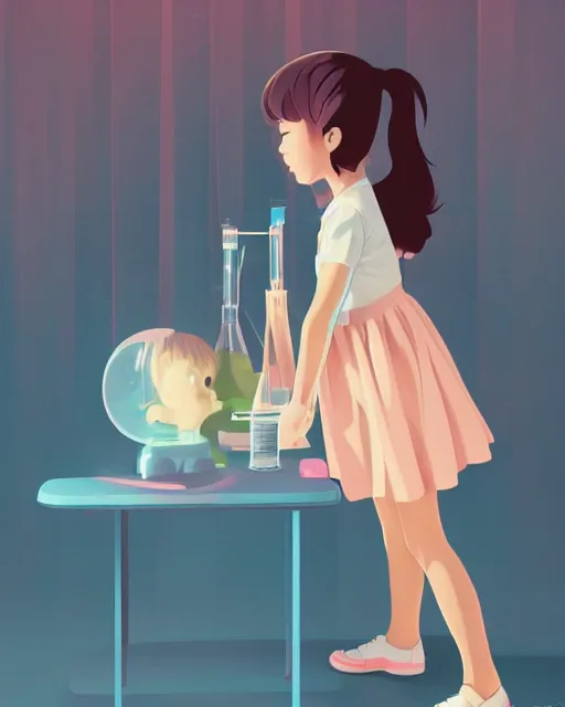 Image similar to a little girl is doing a science experiment. clean cel shaded vector art. minimalist illustration art by lois van baarle, artgerm, helen huang by makoto shinkai and ilya kuvshinov, rossdraws