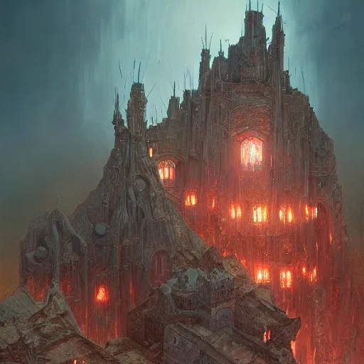 Prompt: concept art of a magical castle, depth of field background, artstation, award - winning realistic sci - fi concept art by jim burns and greg rutkowski, beksinski, a concept art masterpiece, red color palette, james gilleard, bruegel, alphonse mucha, and yoshitaka amano.