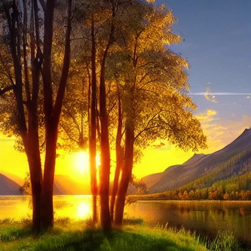 Prompt: a masterpiece detailed beautiful landscape of russian village, trees, lake, mountains, golden hour, sunset, by Makoto Shinkai