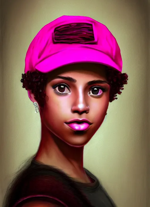 Image similar to portrait of teenage vanessa morgan with bright pink hair, black girl, vanessa morgan, curly pixie cut hair, wearing newsboy cap, pink pixie haircut, newsboy cap, hoop earrings, intricate, elegant, glowing lights, highly detailed, digital painting, artstation, concept art, smooth, sharp focus, illustration, art by wlop, mars ravelo and greg rutkowski