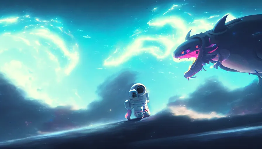 Prompt: a still of a cute kawaii astronaut android riding a large neon kaiju dragon, nebulous background of dynamic space, a dramatic composition by wlop and greg rutkowski and makoto shinkai and studio ghibli and kyoto animation, highly detailed, digital painting, matte