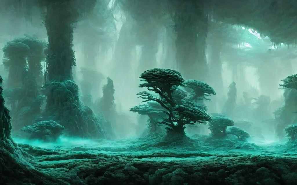 Image similar to a beautiful highly detailed epic matte painting of an alien planet with crystals made of jade in a desolate forest with teal colors by Jose Daniel Cabrera Pena and Leonid Kozienko and Ruan Jia, concept art