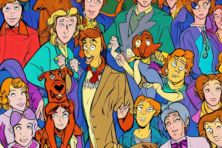 Image similar to Scooby doo cast in Edward burton style, hyper realistic, retro 70s,