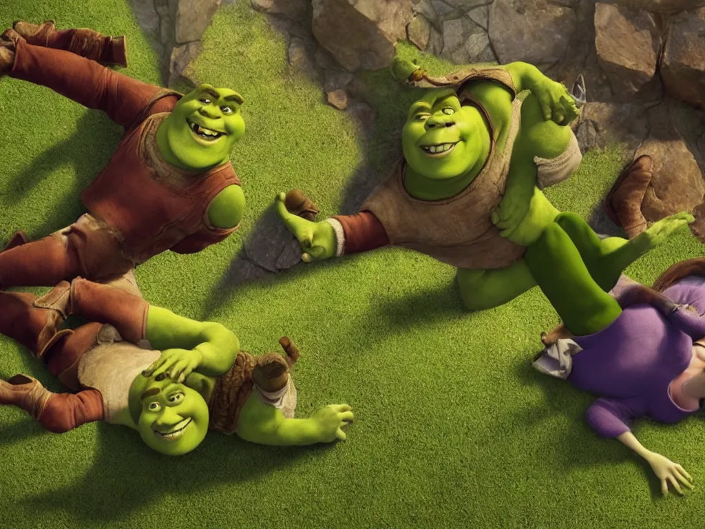 Prompt: shrek breakdancing while lord farquaad is in the back being impressed, High Definition detail, 8K, photography