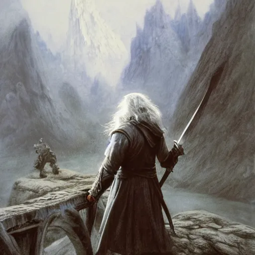 Image similar to beautiful gandalf with a sword in his hand on a bridge fighting the balrog, by alan lee, lord of the rings, smooth, detailed terrain, oil painting, matte painting, concept art, trending on artstation