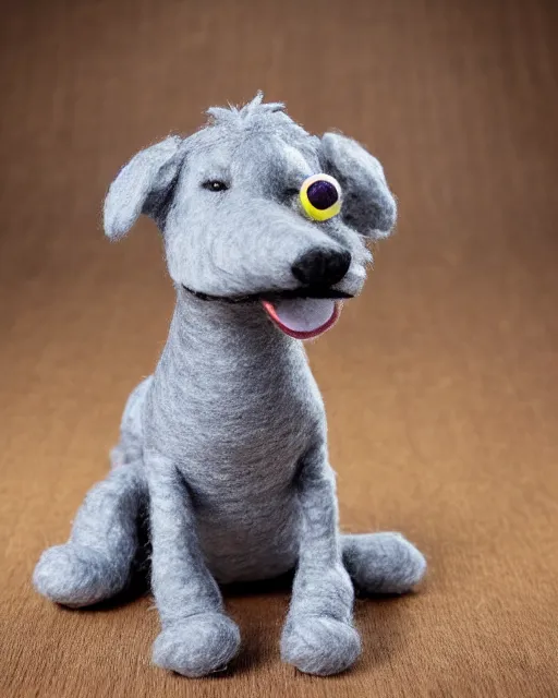 Image similar to a gray schnauzer dog as a muppet. highly detailed felt. hyper real photo. 4 k.