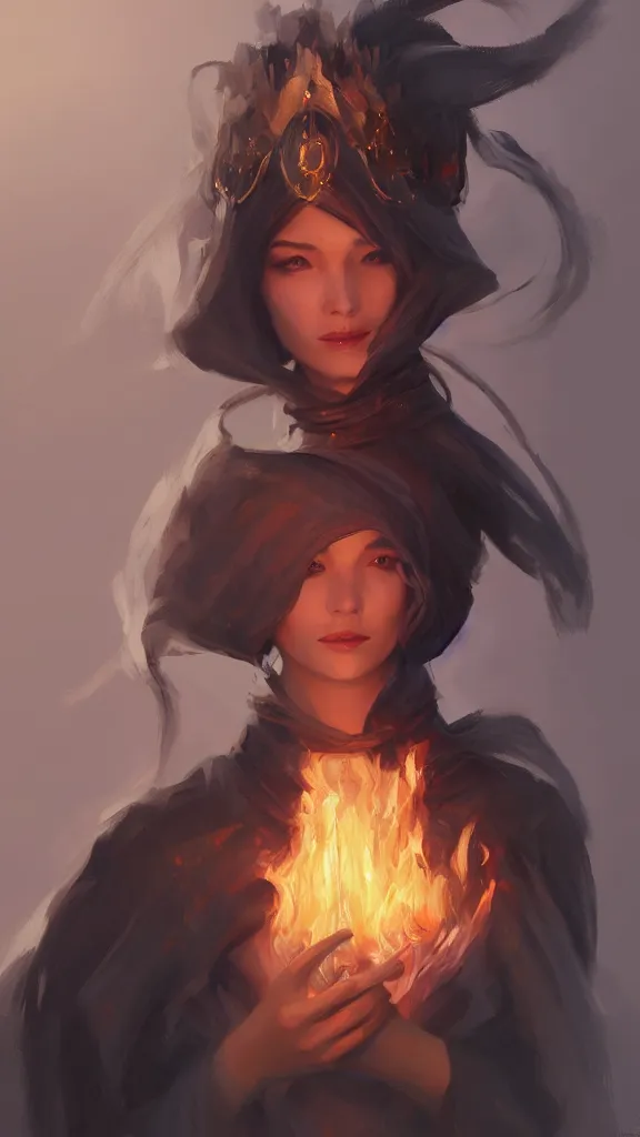 Prompt: An ultradetailed portrait of a smiling female goddess wizard of fire wearing long black duster by Tian Zi, Mandy Jurgens and Viktoria Gavrilenko trending on artstation :1.7