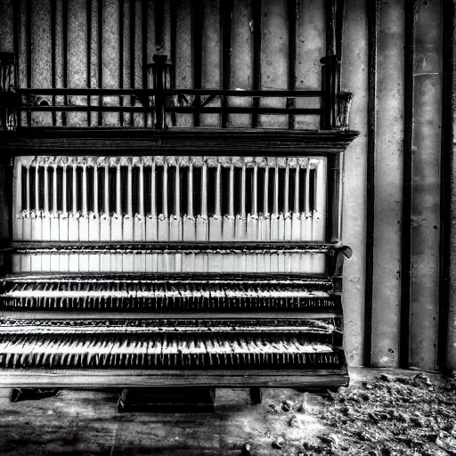 Image similar to black and white photo by karl gustav rodde of a haunted pipe organ in an abandoned warehouse, dirty, hazy, depressing, haunted