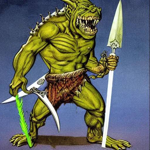 Prompt: dog - faced muscular goblin, ugly face, lizard tail, holding scimitar made of bone, scimitar, sword, jagged sword, curved sword, orkish sword, colorized, green skin, hyper - detailed, primeval fantasy, prehistoric fantasy, drawn by frank frazetta