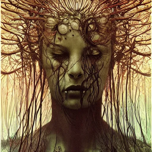 Image similar to forest spirit by zdzisław beksinski, iris van herpen, raymond swanland, craig mullins and alphonse mucha. highly detailed, hyper - real, beautiful