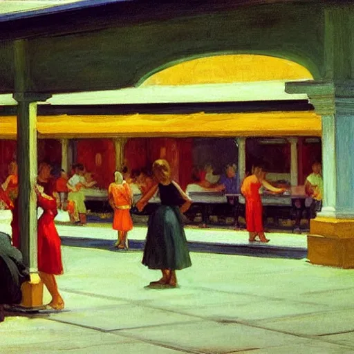 Image similar to a hawker centre, by edward hopper