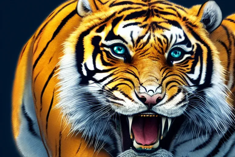 Image similar to An extremely bright studio photograph of a snarling tiger in the style of Salvador Dali, establishing shot, high-quality, professional, dramatic lighting, extremely high detail, trending on artstation