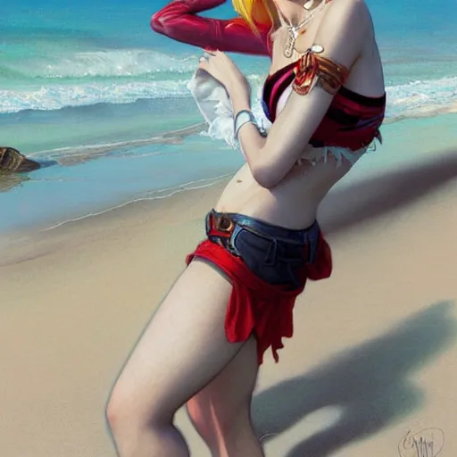 Image similar to Ultra realistic illustration, Harley Quinn at the beach, intricate, elegant, highly detailed, digital painting, artstation, smooth, sharp focus, illustration, art by artgerm and greg rutkowski and alphonse mucha
