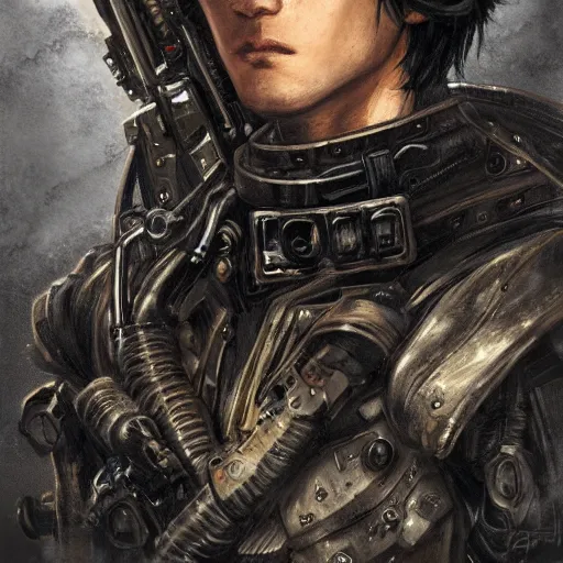 Image similar to portrait of a man by ayami kojima, black, he is about 2 0 years old, short black hair, annoyed older brother vibes, he is wearing a steampunk tactical gear, highly detailed portrait, digital painting, artstation, concept art, smooth, sharp foccus ilustration, artstation hq