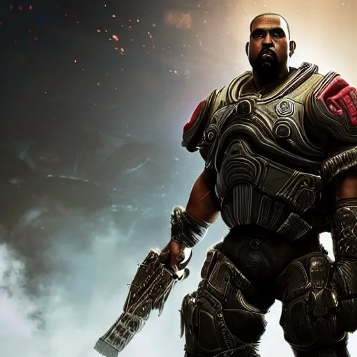 Image similar to kanye west as an centaur!!!! in gears of war, splash art, movie still, detailed face, photorealistic facial features, cinematic lighting, dramatic, octane render, long lens, shallow depth of field, bokeh, anamorphic lens flare, 8 k, hyper detailed, 3 5 mm film grain