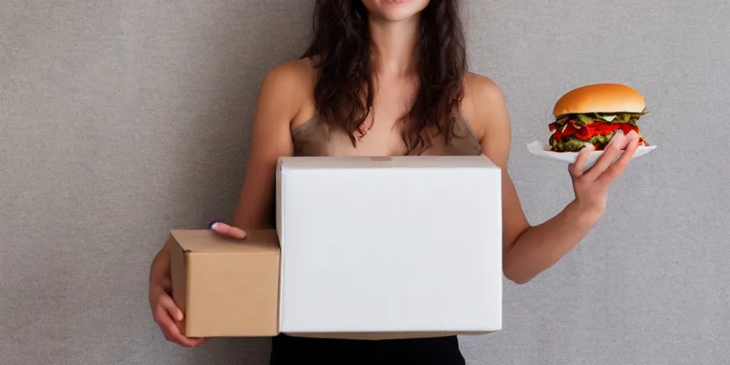 Prompt: a woman is holding a box of food., colors whitesmoke, white, linen, antiquewhite