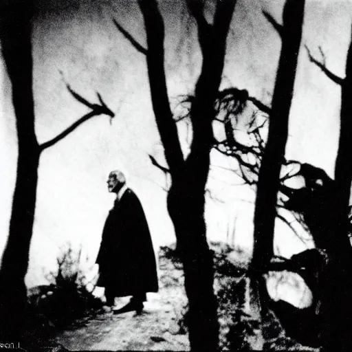 Image similar to photo of boris karloff as frankestein and bela lugosi as dracula in a forest at night, telephoto long distance shot, black and white, low light, vignette, fujifilm, creepy, dark, atmospheric, 3 5 mm, surveillance footage, fisheye