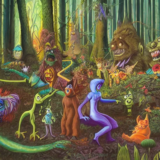 Image similar to a scene of colorful cartoon monsters in the clearing of a dark fantasy forest surrounded by darkness. hyperrealist illustration. muted colors. 1 9 7 0's pulp science fiction and fantasy cartoon for alice in wonderland and wizard of oz. highly detailed and richly colored painting by don ivan punchatz. trending on artstation