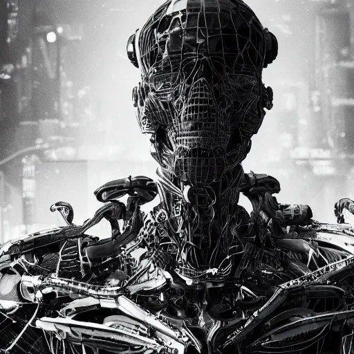 Image similar to black and white cyberpunk style dark metal skeleton, mecha hard-surface, hyperrealistic, cinematic, 3D, 8K, imagined by Ash Thorp, tsutomu nihei ghost in the shell akira