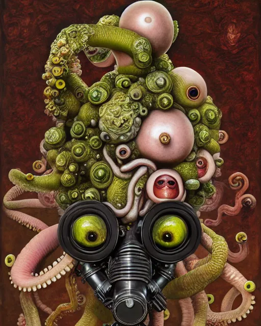 Prompt: a biomorphic portrait with with large eyes, expressive, wearing a botanical gas mask by arcimboldo, baroque painting by ayami kojima, mark ryden, cephalopod, mixed media 3 d collage, focus on head, soft light, 4 k, octane high quality render